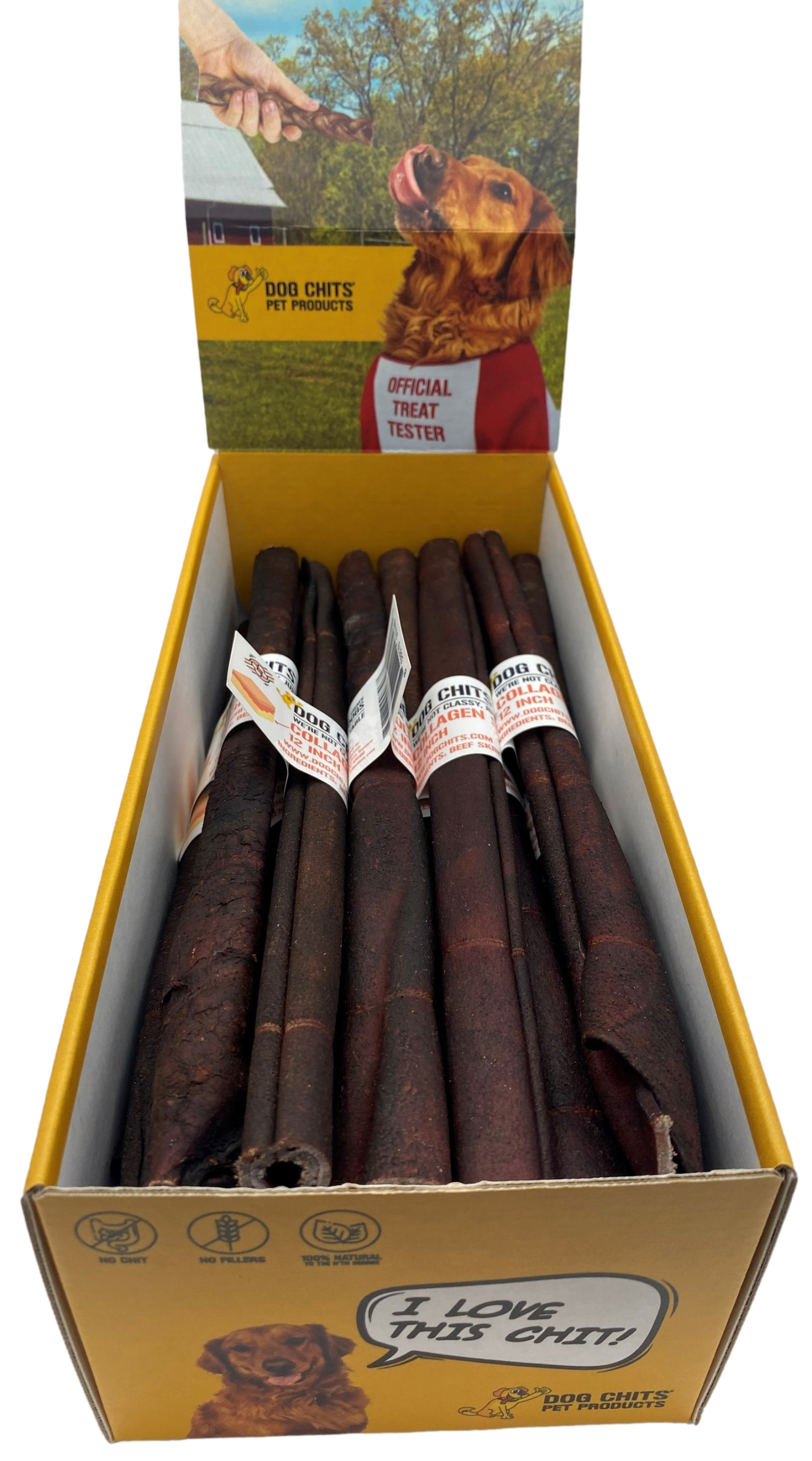 Beef Collagen Sticks, 12" 25 Pack, Open Top Bin Box (WHOLESALE ONLY)