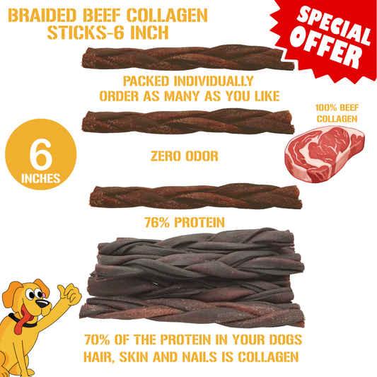 Collagen Sticks Braided, 6 Inch, 1 Stick