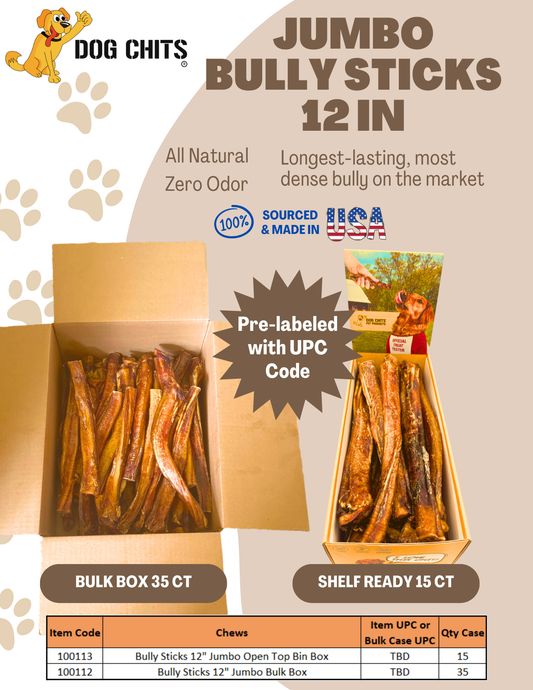 Bully Stick JUMBO, No Odor 12 Inch 15 Pack OPEN TOP BIN BOX