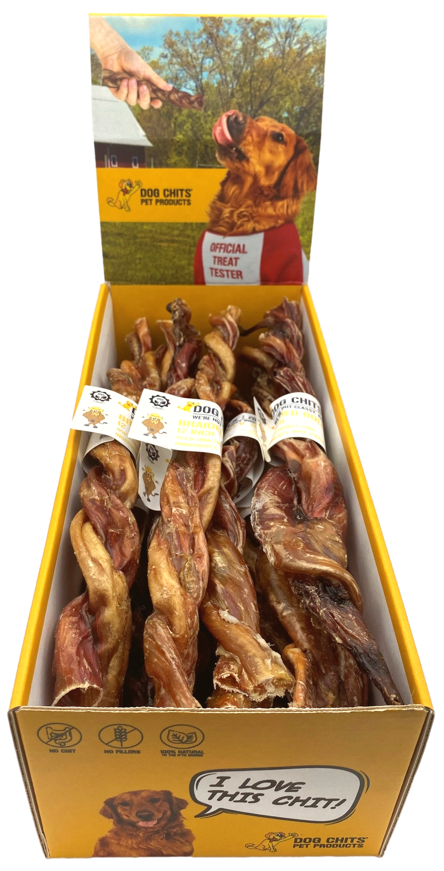 Braided Bully Sticks, 12" 15 Pack, Open Top Bin Box (WHOLESALE ONLY)
