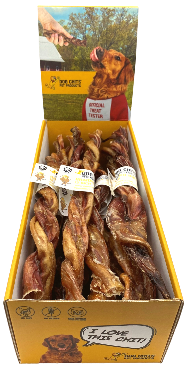 Braided Bully Sticks, 12" 15 Pack, Open Top Bin Box (WHOLESALE ONLY)
