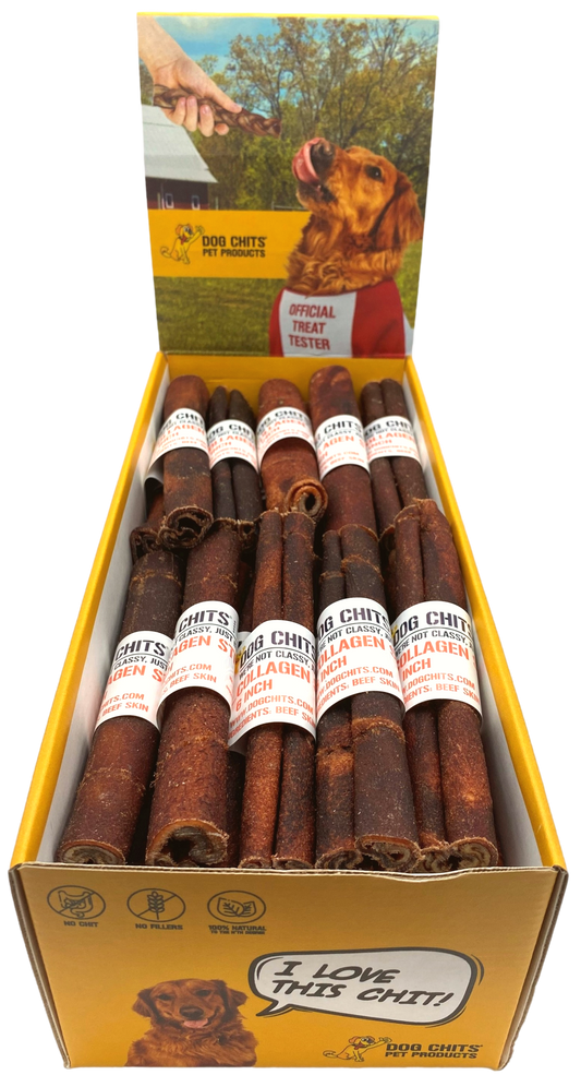 Beef Collagen Sticks, 6" 50 Pack, Open Top Bin Box (WHOLESALE ONLY)